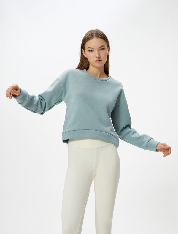 Basic Spor Crop Sweatshirt Rahat Kalıp Pamuklu Bisiklet Yaka Uzun Kollu