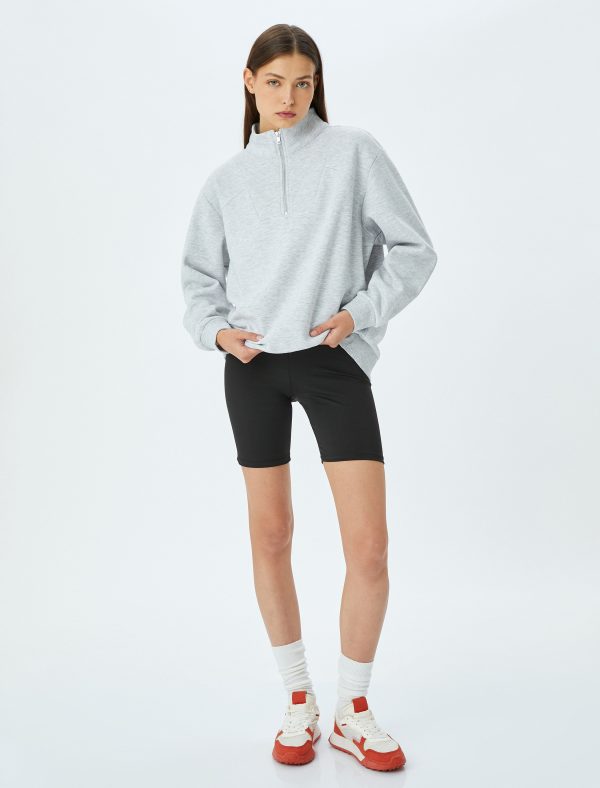 Yarım Fermuarlı Dikiş Detaylı Oversize Spor Sweatshirt