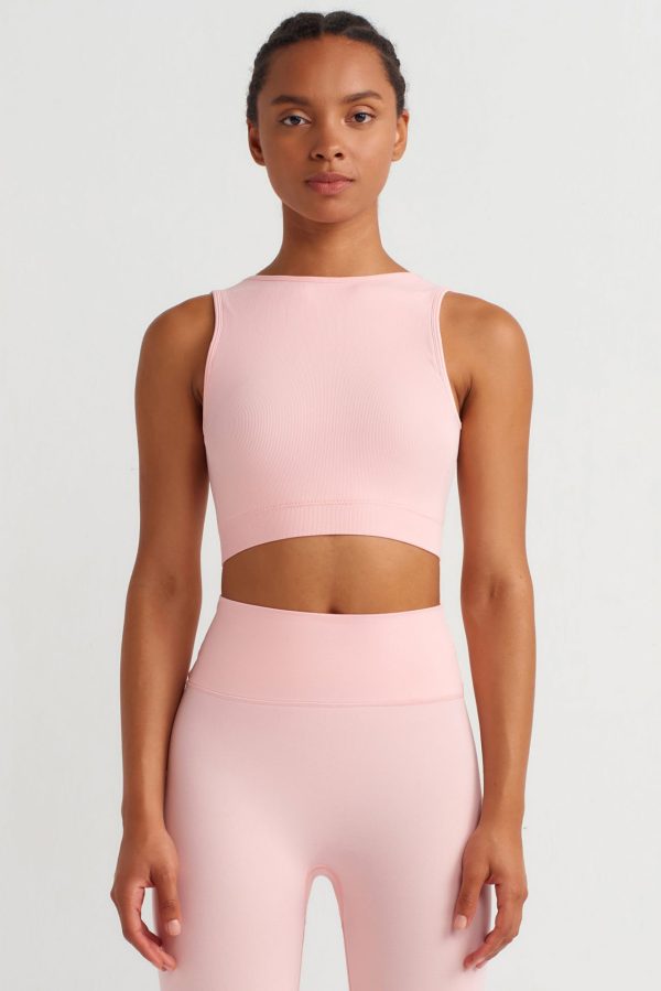 Göğüs Pedli Rib Dokulu Sırtı Çapraz Crop Top İngiliz Pembe