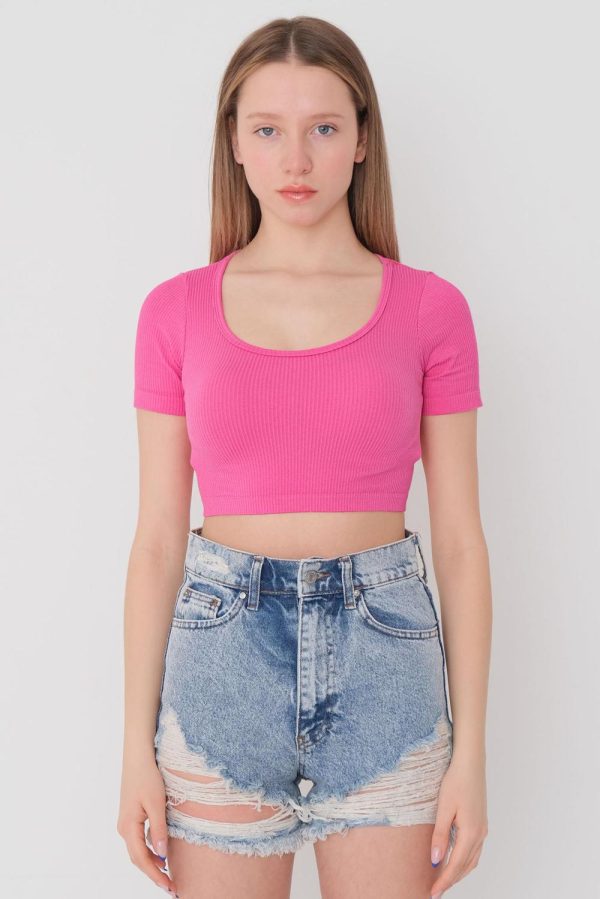 Fuşya Kısa Kollu Seamless Crop Bluz