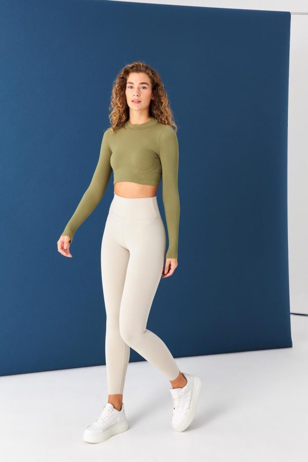 OLİVE YEŞİL Uzun Kol Seamless Crop Bluz