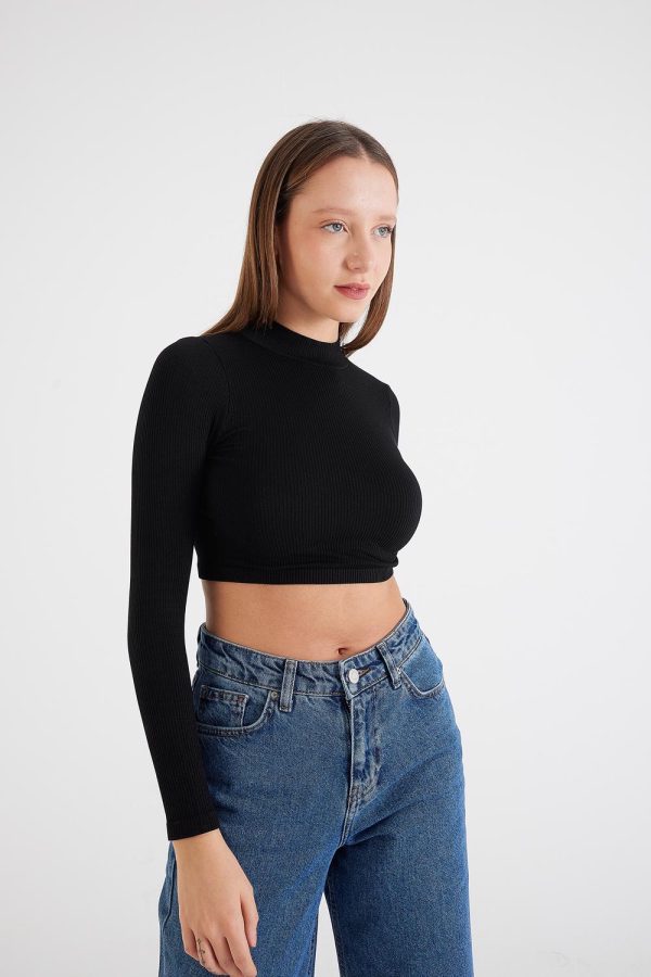 Siyah Uzun Kol Seamless Crop Bluz