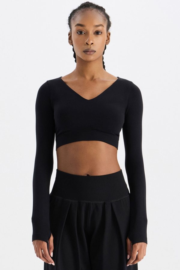 V Yaka Ekstra Soft Crop Top Siyah