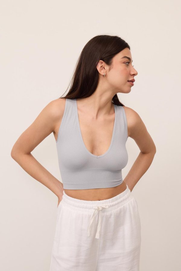 Y.GRİ V Yaka Kalın Askılı Seamless Crop