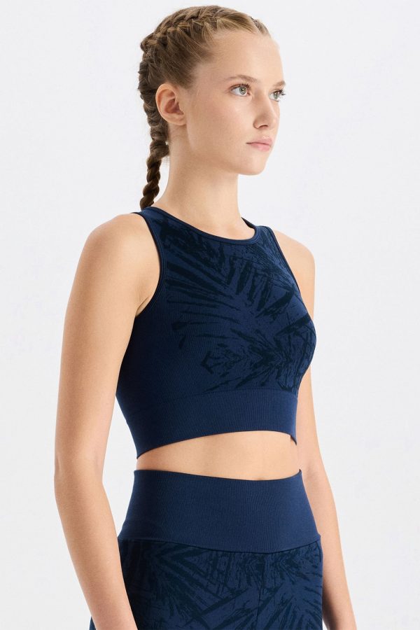 Yaprak Desenli Crop Top Oxford Blue